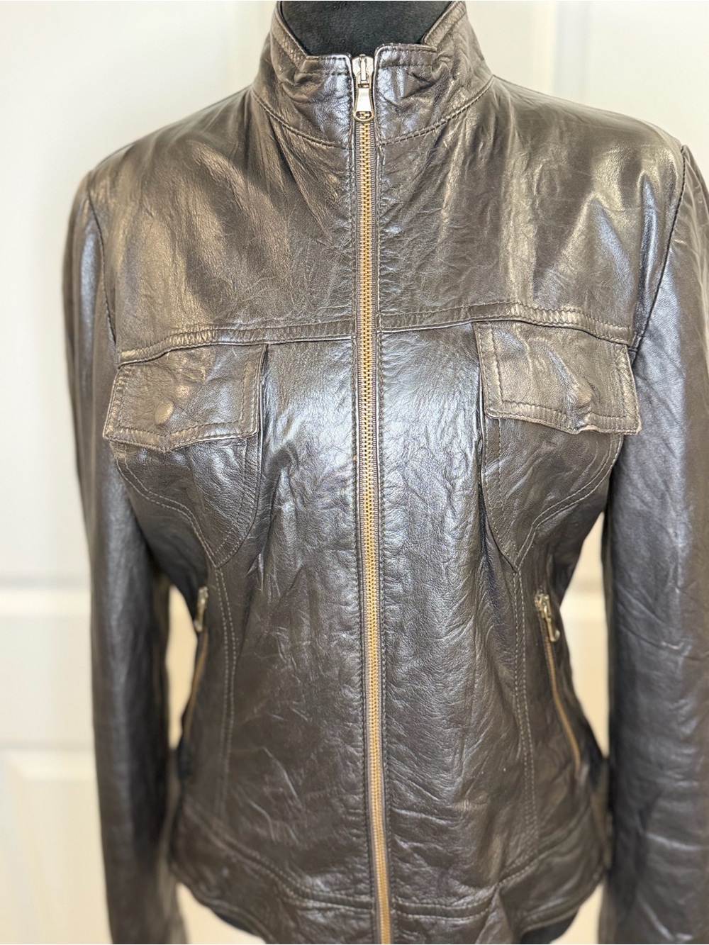 Women's Vintage Fiocchi Chocolate Brown Leather Zip-Front Jacket Italian Size 46 - Picture 3 of 15